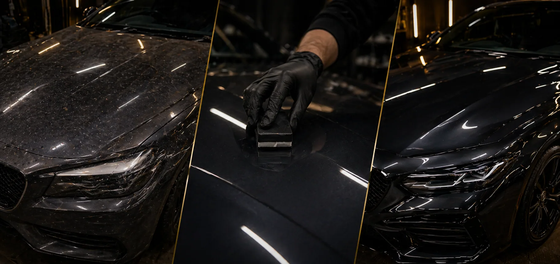Silver crossover driving on a dark road with headlights on after paint polishing